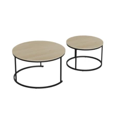Two-Piece, Nesting Coffee Table Set, Oak Veneer, Round Coffee Table With A Diameter Of 80 Cm, Metal Frame, Modern Style, Suitable For Living Room, Bedroom, Balcony. - Khaki - View 7