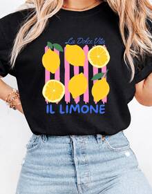 Stylish Women's Cotton T-Shirt With A Lemon Print, Short Sleeves And A Crew Neck, Perfect For A Casual Summer Style. - 黑色 - 查看 1