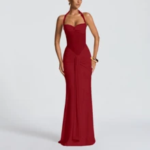 Spaghetti Strap Backless Waist Cinched High Slit Dress, Mesh Patchwork Vacation Party Dress Women's Fishtail Slip Dress Elegant Long Prom Dress Spring & Summer100% Cotton - 紅色 - 查看 7