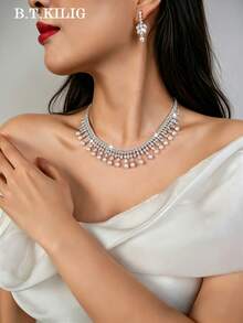 Bộ trang sức cao cấp 3 món/5 món bằng ngọc trai giả và đá Cubic Zirconia bao gồm bông tai, dây chuyền, vòng tay, nhẫn, thích hợp cho phụ nữ dự tiệc cưới, sinh nhật, lễ hội. - trắng - Xem 7
