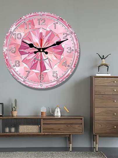 1pc 2D Flat Pink Diamond Crystal Sparkling Wooden Wall Clock | Suitable For Bedrooms, Living Rooms, Offices, Schools, Hospitals | Perfect Christmas Decoration And Gift, 12/14 Inches (AA Batteries Not Included)