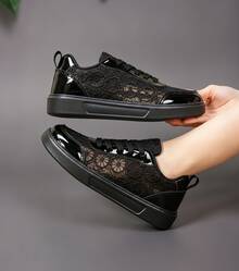 New Women Comfortable Breathable Low-Top Casual Sneakers, Preppy College Style Fashion Vacation Street Wear - 黑色 - 查看 3