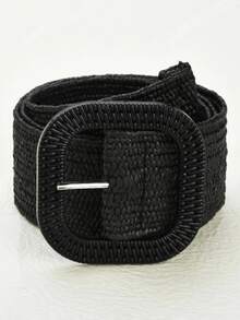 Black Plastic Buckle Woven Straw Belt - Black - View 1