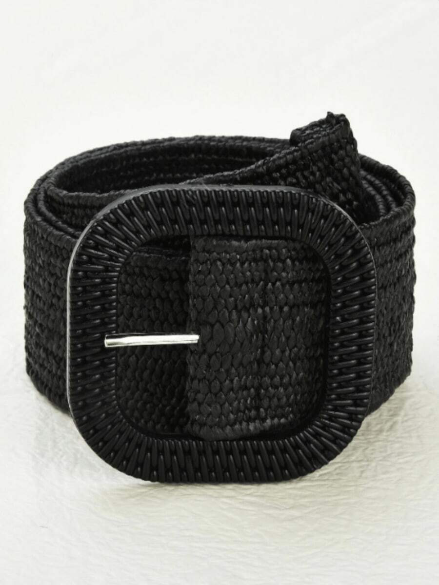 Black Plastic Buckle Woven Straw Belt - Black - View 1