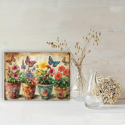 12x8 Inch Vintage Garden Metal Sign, Iron Wall Art Decor, Hanging Plaque Suitable For Home, Office, Bar, Cafe, School, Library, Indoor And Outdoor Use, Featuring Colorful Flowers And Butterflies