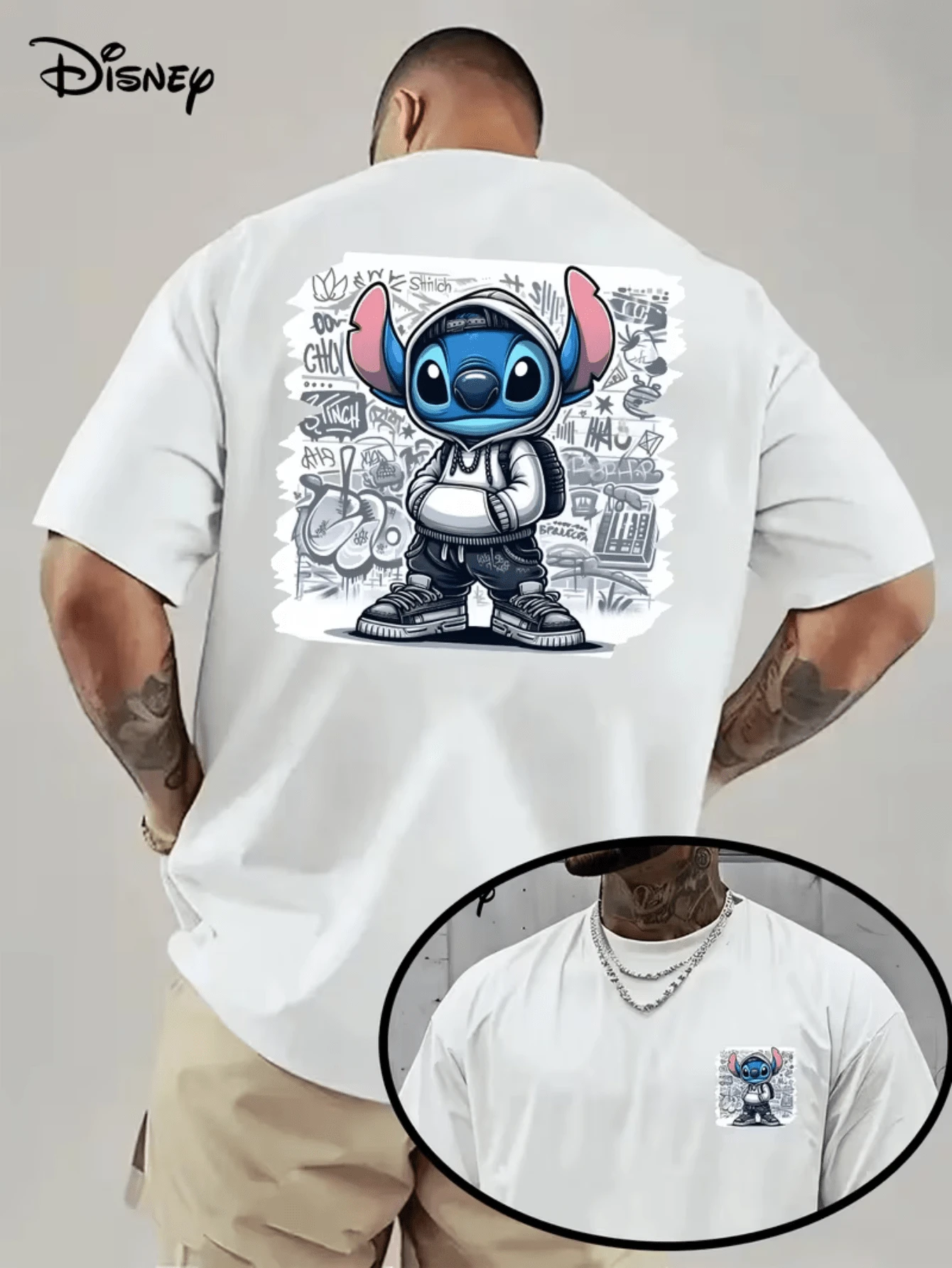 (Disney Licensed)Disney Lilo & Stitch Men's T-Shirt, Streetwear Graffiti Stitch Graphic Tee, Oversized Crew Neck Short Sleeve Casual Streetwear T-Shirt, Hoodie Stitch With Graffiti Background Print Men's Summer Top, Disney Officially Authorized Men's Short-Sleeved T-Shirts, Mens Clothes, Men, Ropa De Hombre, Summer Clothes, Men Shirts, Graphic Tees, Disney Outfits Men, Graphic Tees, Camisetas Para Hombre, Camisas Para Hombre, Summer Outfits For Men, Father's Day Gift, Perfect Gift For Family And Friends, Which Are Necessary For Birthday Parties, Disney Shirts, Mens Clothes, Summer Clothes, Officially Licensed Disney T-Shirts, Disney Men's And Women's Spring/Summer Fashion Casual Short-Sleeve T-Shirts - 白色 - 查看 1