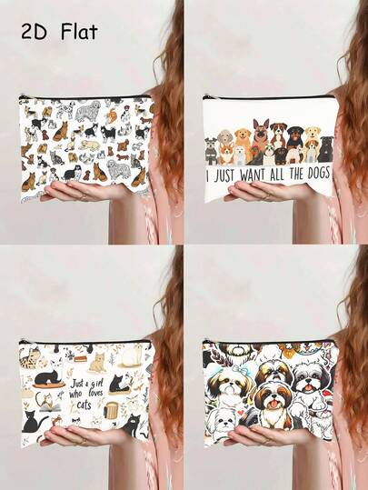 1 pieza Bolsa de almacenamiento con estampado de gato y perro, bolsa de cosméticos con cremallera portátil, organizador de viaje y diario, regalo perfecto para mamás de gatos y perros