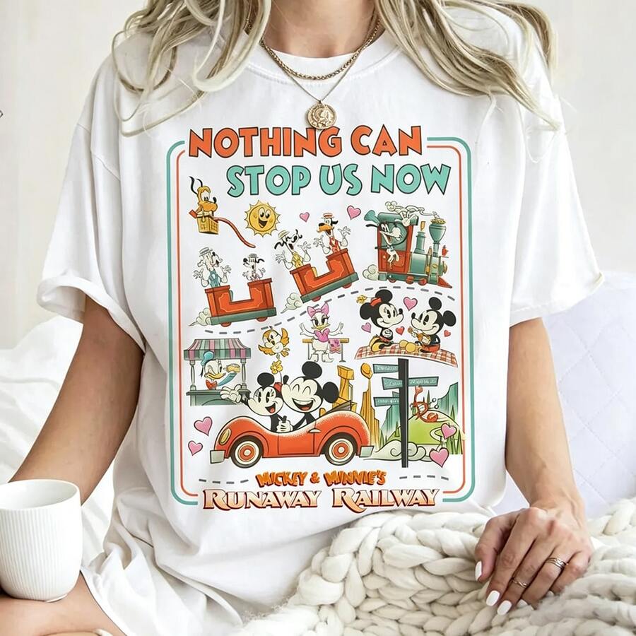 (Authorized By Disney. Mickey Mouse) Disneyland Project "Mickey And Minnie's Runaway Railway" Theme, Presents The Classic Scenes And Characters In The Project In The Form Of Retro Posters, With The Slogan "NOTHING CAN STOP US NOW", A Group Of Elegant Ladies And Ladies' Pure Cotton T-Shirts, The Fabric Is Soft, Comfortable And Breathable, Suitable For Daily Wear, Shopping, Travel, Parties And Home Use. Clothes Of The Same Style For Men And Women, As Well As Lovers' Styles, Are Also Suitable As Exquisite Gifts. Every Woman Should Have One. - White - View 1