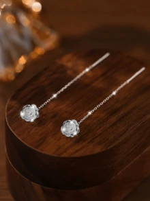 Pendientes de flor de rosa de plata de ley 925, cadena con borlas dulce, elegante de lujo, hipoalergénico, adecuado para el trabajo y la fiesta, caja de regalo - Oro blanco - Ver 4