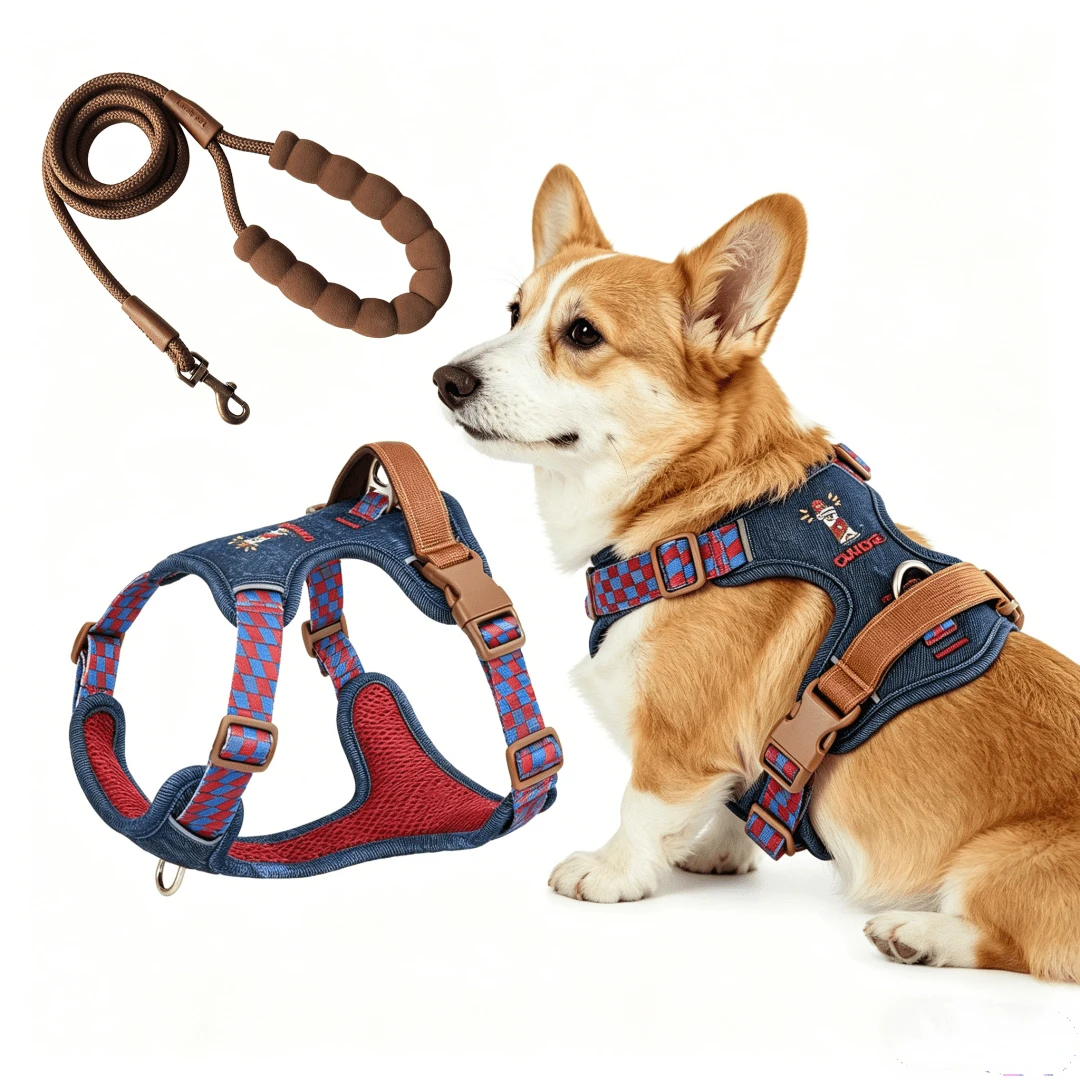 丹寧狗胸背帶與牽繩套組 - 刺繡H型背心適合小型與中型犬 (比格犬、柯基犬)，全可調式防拉防逃脫設計配有4個滑動扣環，適合幼犬成長，穩定且適用於日常散步與健行