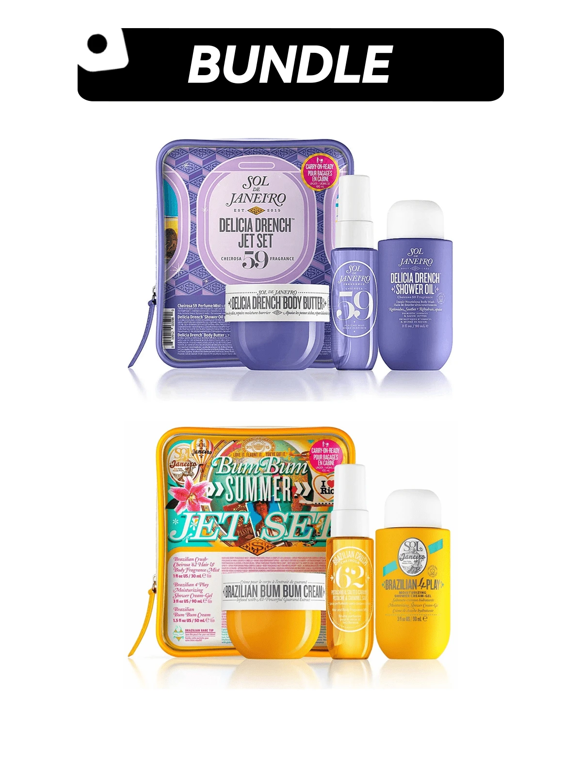 Sol de Janeiro 【香水套装】Delícia Drench 三件套(沐浴油 90ml + 身体乳 50ml + 香水喷雾 30ml)+ Bum Bum Jet 三件套(润肤霜 50ml + 沐浴啫喱 90ml + 身体喷雾 30ml)男女通用 3盎司/90毫升 + 1.7盎司/50毫升 + 1盎司/30毫升 + 3件 - 適用於所有膚質 - 查看 1