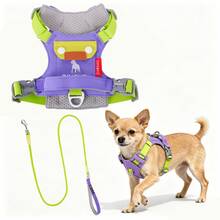 Bộ dây đeo và dây dắt chó dễ thương - Túi đựng đồ đa chức năng, áo vest lưới thoáng khí chống tuột với dây dắt cùng màu, bộ đồ đi dạo mềm mại, êm ái, không kéo giật dành cho chó con cỡ nhỏ và vừa, Chihuahua, Yorkie, Pomeranian, Beagle. - Màu tím  Violet - Xem 1