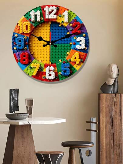 1 pieza Reloj de pared de madera con diseño de bloques de construcción coloridos - Reloj decorativo silencioso, reloj de pared creativo adecuado para decorar dormitorios, salas de estar y oficinas, disponible en 25/30cm (Baterías no incluidas)