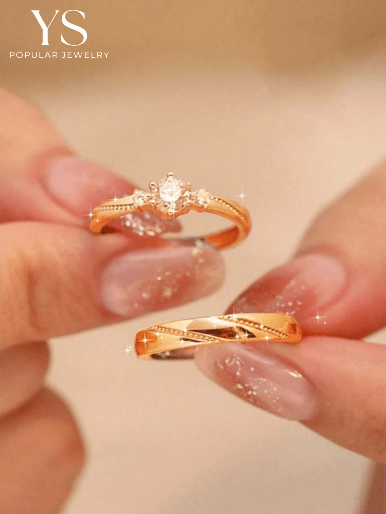 2件組立方氧化鋯情侶戒指 婚戒 訂婚戒指 我愛你 情人節禮物 鍍金飾品 愛情禮物