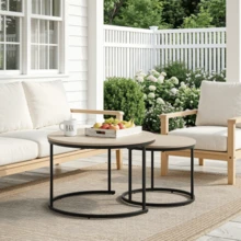 Two-Piece, Nesting Coffee Table Set, Oak Veneer, Round Coffee Table With A Diameter Of 70 Cm, Metal Frame, Modern Style, Suitable For Living Room, Bedroom, Balcony. - Oak - View 3