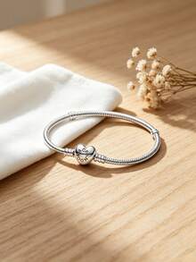 Pulsera de pareja básica con corazón PANDORA, pulsera básica de pareja de plata 925, regalo para novia, cumpleaños, Navidad, Día de la Madre, 590719 - Plateado - Ver 3