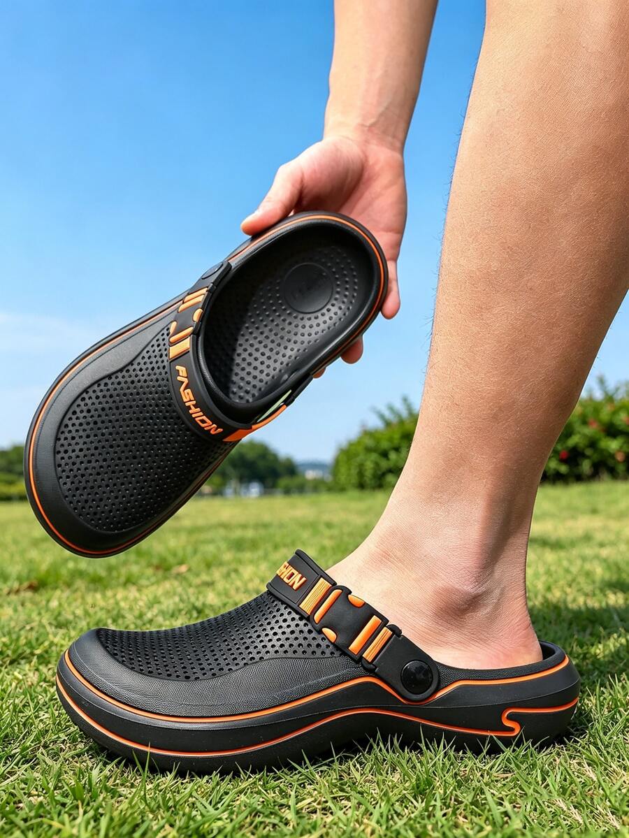 Breathable Slip-On Hollow Hole Shoes With Adjustable Heel Strap, Non-Slip Beach Sandals, Outdoor Casual Mule Slippers