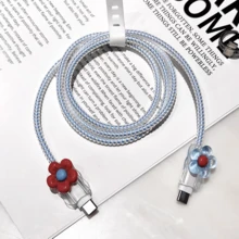 Set de 5 fundas protectoras de cable de 20W con enchufe UK, estilo floral INS, de TPU suave, protector de cable de datos, anti-rotura - Flores rosas y azules estándar del Reino Unido de 20 W - Ver 3