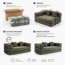 Modern Convertible Floor Sofa Bed, No Assembly Compression Couch, Deep Seat Lounge Sofa For Small Spaces, Soft Corduroy Fabric Sleeper Couch With Pillows - 橄欖綠 - 查看 9