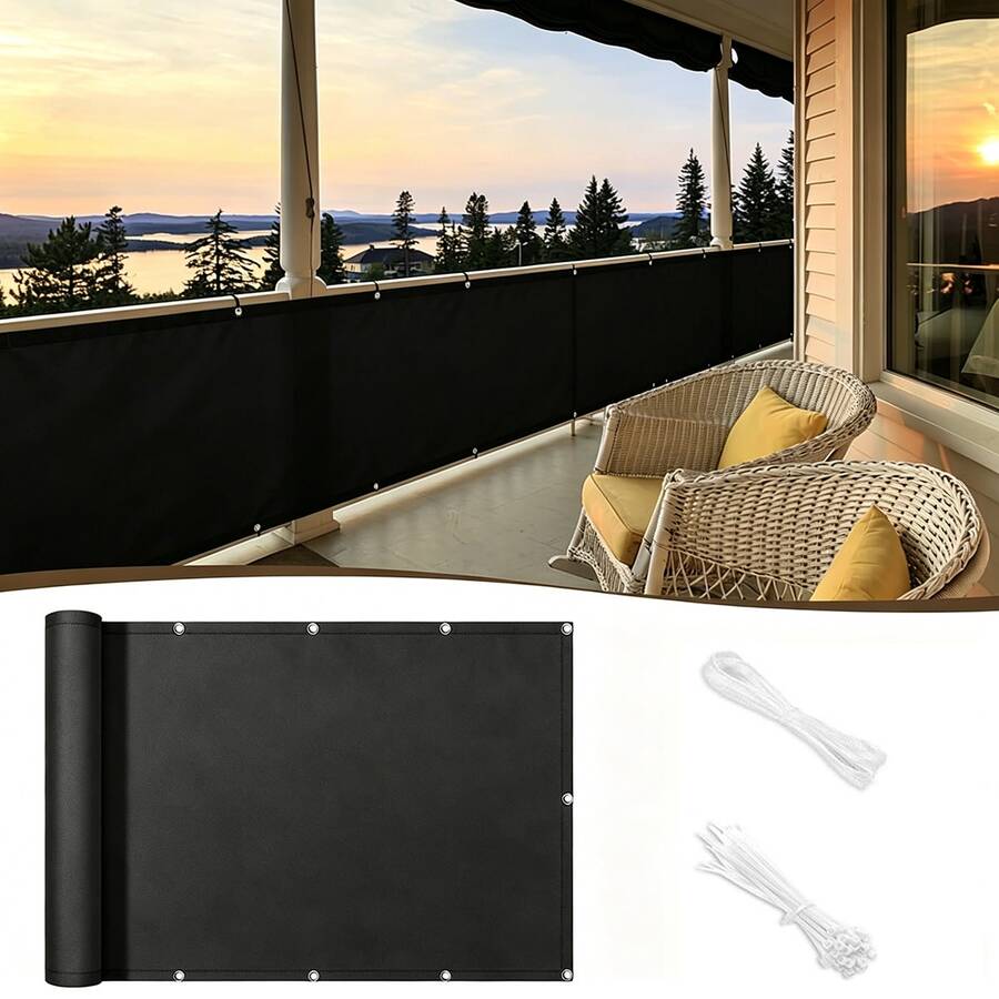 Pantalla de protección de privacidad para balcón, con cuerdas y lazos, tela de cerca de jardín para sombrear y aislar del calor, tela de pantalla de cerca reforzada para porche, patio, patio trasero, tela de pantalla de privacidad - Negro