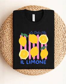 Stylish Women's Cotton T-Shirt With A Lemon Print, Short Sleeves And A Crew Neck, Perfect For A Casual Summer Style. - 黑色 - 查看 8