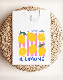 Camiseta feminina elegante de algodão com estampa de limões, manga curta e gola redonda, perfeita para um estilo casual de verão. - Branco - Visão 6