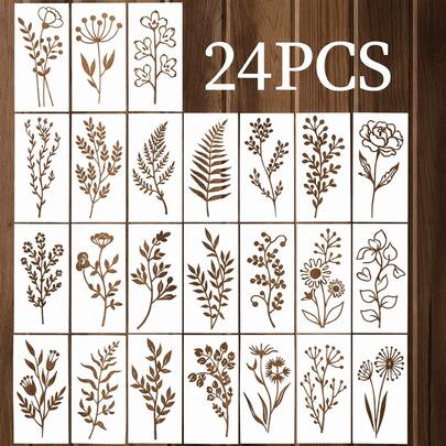 24件套DIY花卉绘画模板，可重复使用，可水洗，野花模板，适用于喷绘和涂鸦