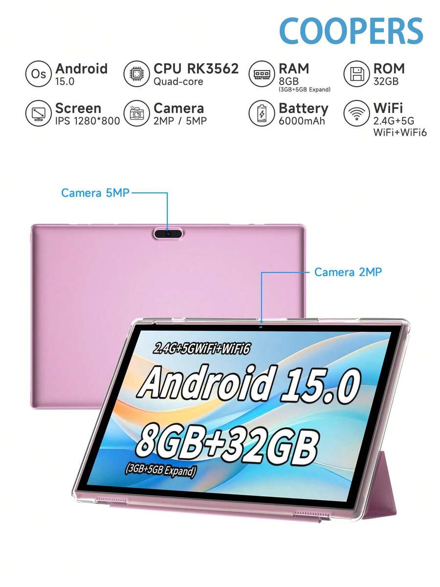 Coopers 10.1英寸安卓平板电脑(带保护套),RK3562四核处理器,8GB(3+5)内存,32GB存储,10.1英寸平板电脑,FHD IPS触摸屏,2MP前置摄像头,5MP后置摄像头,Type-C接口,平板电脑重力感应器,6000mAh大容量电池(不含充电器) - 淺粉色 - 查看 1