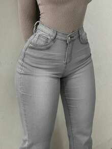Plus Size Street Style Flared Denim Jeans - Light Grey - View 5