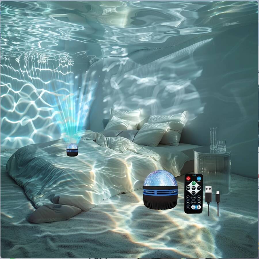 USB水波紋投影燈，營造波浪環繞感，適合玩具與禮品，生日送禮首選，適用遊戲室、臥室、客廳裝飾照明，節日氛圍燈，宿舍小夜燈，輕巧便攜，旅行必備
