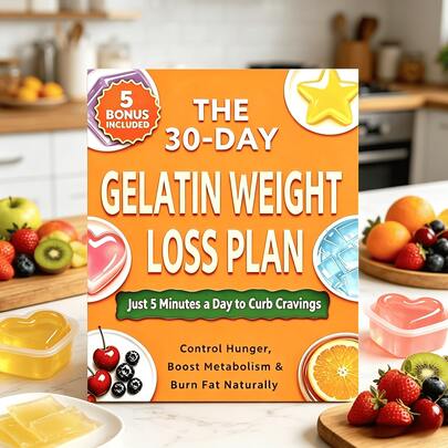 1 cuốn sách hướng dẫn Kế hoạch giảm cân 30 ngày bằng gelatin, chương trình kiểm soát cơn đói tự nhiên và tăng cường trao đổi chất, chỉ cần 5 phút mỗi ngày để kiềm chế cơn thèm ăn, kèm theo 5 tài liệu bổ sung, rất tốt cho việc giảm cân lành mạnh và đốt cháy mỡ thừa.