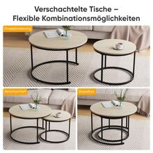 Two-Piece, Nesting Coffee Table Set, Oak Veneer, Round Coffee Table With A Diameter Of 70 Cm, Metal Frame, Modern Style, Suitable For Living Room, Bedroom, Balcony. - Oak - View 2