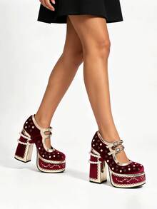 Fashion Women Platform Mary Jane Shoes Cross Strap High Chunky Heels Pumps Shoes Elegant With Pearl Ankle Chain Rhinestone Studded Strap Buckle Shoes For Wedding And Party - 紅色 - 查看 5