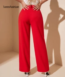 Pantalón de vestir mujer cintura alta pierna ancha stretch crepé casual elegante para oficina reuniones eventos bolsillos pretina elasticada hebilla  sin transparencia , realza la silueta - Rojo - Ver 3