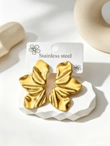 2只时尚金色蝴蝶吊坠耳环，304不锈钢材质，不易褪色，不规则波浪纹理，防水，适合女性日常佩戴。 - 金色 - 查看 5