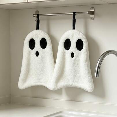 Khăn tay hình ma Halloween, 2 chiếc khăn mềm mại, thấm hút tốt, dùng treo trong phòng tắm và nhà bếp, trang trí Halloween dễ thương.