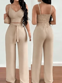 Women's High Waist Wide Leg Trousers & Camisole 2 Piece Set - Solid Color Slim Fit Smocked Back Summer Outfits - 米色 - 查看 1