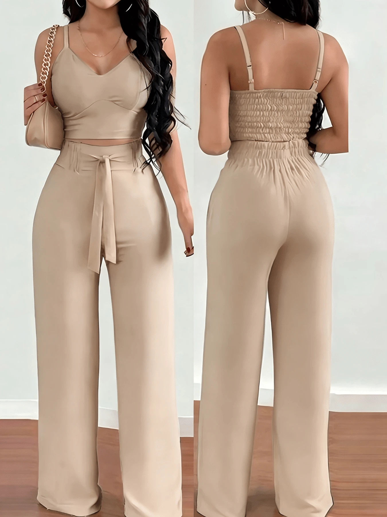 Women's High Waist Wide Leg Trousers & Camisole 2 Piece Set - Solid Color Slim Fit Smocked Back Summer Outfits - 米色 - 查看 1