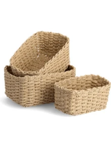 Juego de cestas organizadoras de estilo trenzado, 3 piezas, 3 tamaños, ideal para el cuarto de baño, el armario y otros espacios donde se necesita ordenar; fabricadas en cordón de papel (color beige y color lino) - Ver 9