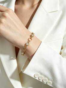 MECYLIFE 1 pieza Brazalete de acero inoxidable con diamantes de 18K oro elegante y de moda para mujeres - Amarillo Oro - Ver 2