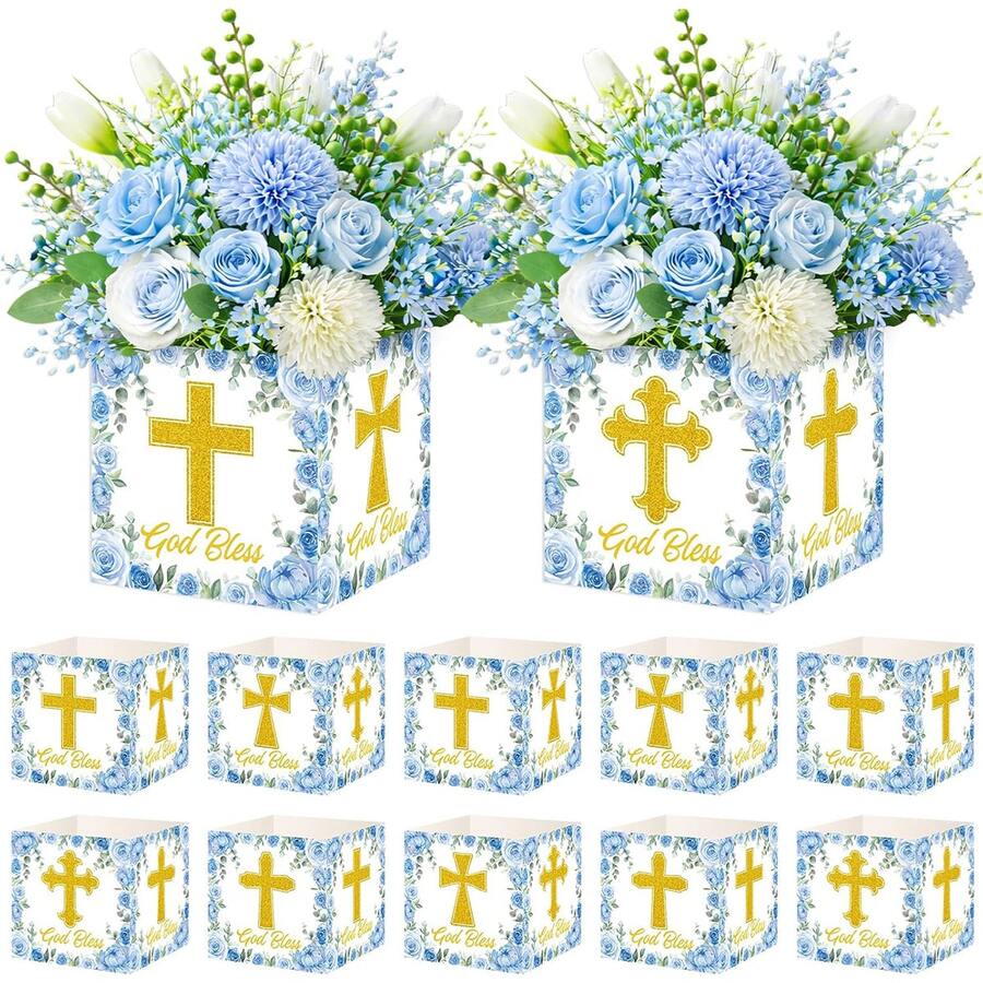 6 Pcs Baptism Flower Boxes God BlessCenterpieces For Tables Display With Letters Gender Reveal Party Favor Block Holder(Blue) - Blue - View 1