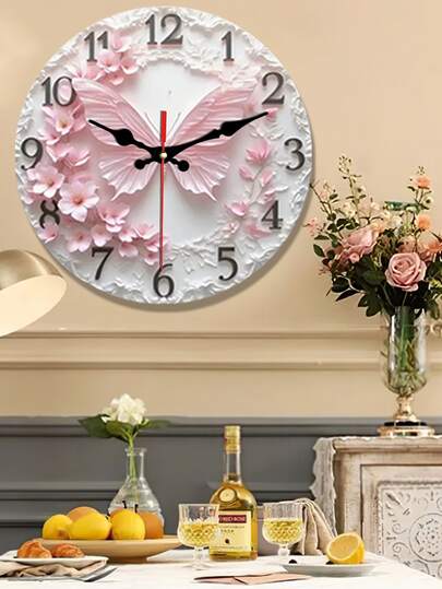 1 pieza Reloj de pared de madera con diseño de flor de mariposa rosa silencioso, marco de madera, 10/12 pulgadas, adecuado para decoración del hogar, cocina, piscina o baño, reloj de pared artístico vibrante, artesanía fina, reloj para sala de estar, diseño plano 2D (baterías no incluidas)