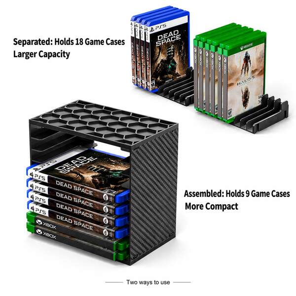 Video Game Case Storage Rack For Standard Game Cases, Stackable Desktop Organizer, 1-Pack Holds 9 Slots Assembled Or 18 Slots Separated, 2 Packs Holds 18 Or 36 Slots, Carbon Fiber Pattern Side Panels, Honeycomb Top