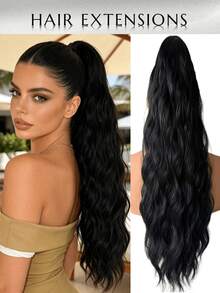 WaveTrip Valentine's Day Woman Vacation Outfits Ss Style Inspo 32-Inch Long Water Wave Thermal Fiber Synthetic Ponytail Hair Extension, Claw Clip Design, Suitable For Daily Wear - Black - View 3