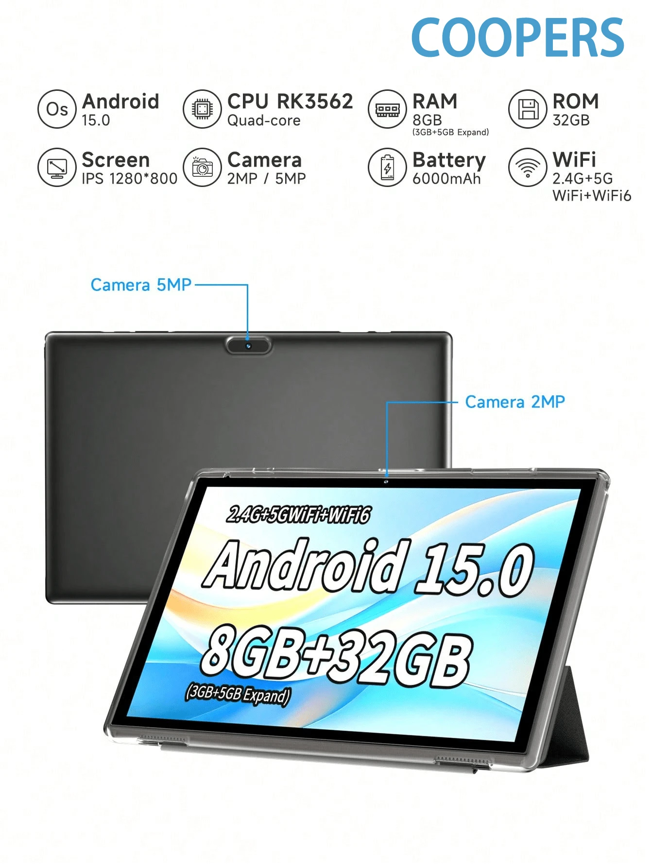 Coopers 10.1英寸安卓平板电脑(带保护套),RK3562四核处理器,8GB(3+5)内存,32GB存储,10.1英寸平板电脑,FHD IPS触摸屏,2MP前置摄像头,5MP后置摄像头,Type-C接口,平板电脑重力感应器,6000mAh大容量电池(不含充电器) - 灰色 - 查看 1