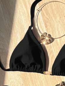 Traje de baño de estilo playero para mujer 2026, conjunto de bikini sexy con escote halter rojo brillante, de 2 piezas con lazos laterales, adecuado para vacaciones de verano de la mujer - Negro - Ver 3