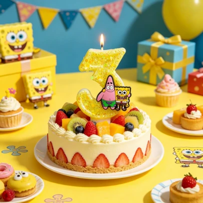 SpongeBob SquarePants 卡通数字蜡烛派对装饰，生日和节日派对装饰 卡通可爱数字蜡烛