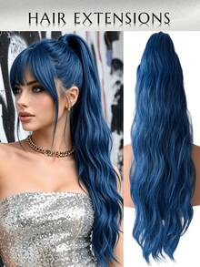 WaveTrip Valentine's Day Woman Vacation Outfits Ss Style Inspo 32-Inch Long Water Wave Thermal Fiber Synthetic Ponytail Hair Extension, Claw Clip Design, Suitable For Daily Wear - Blue - View 1