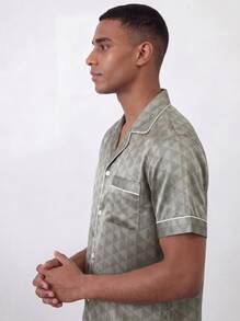 Snug League 2pcs Men's Satin Silk Geometric Print Short Sleeve Top And Shorts Pajama Set - Grey - View 7