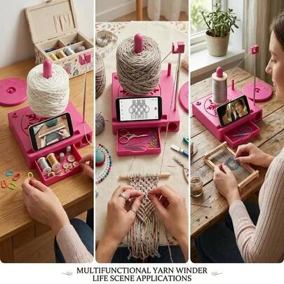 1 pieza Devanador de hilo multifunción portátil con soporte para teléfono, tazón de hilo multifunción con soporte de carrete desmontable, caja de almacenamiento de accesorios de ganchillo, herramienta de gestión de hilo para manualidades de viaje, dispensador de hilo de plástico, devanado de hilo sin enredos, herramienta de gestión de material de hilo para manualidades